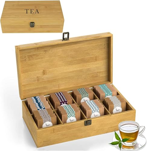 Tea Organizer Box Food Safe Chemical Free Bamboo Wood Storage Chest Big (8-Slot Rectangular / TEA Stamp)