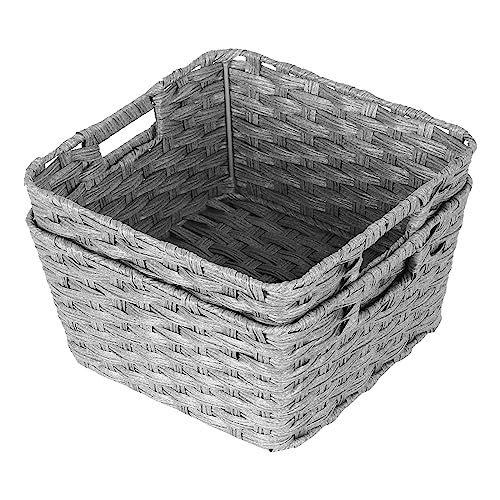 2 Pack Plastic Wicker Kitchen Storage Baskets (12" x 12" x 6" / Grey)