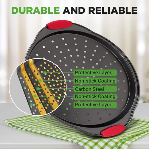 2-Piece 13-Inch Nonstick Pizza Tray, Round Carbon Steel Non-Stick Pizza Pan with Perforated Holes, Premium Bakeware Pizza Screen with Silicone Grip Handles, Dishwasher Safe, NCBPIZX2 (2 Count)