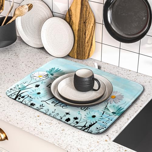 Blue Daisy Dish Drying Mat 16x18 Inch Love Kitchen Absorbent Microfiber Washable Fast Drying Pad Dishes Rack Mat for Kitchen Counter (home happiness blue / 16" x 18")