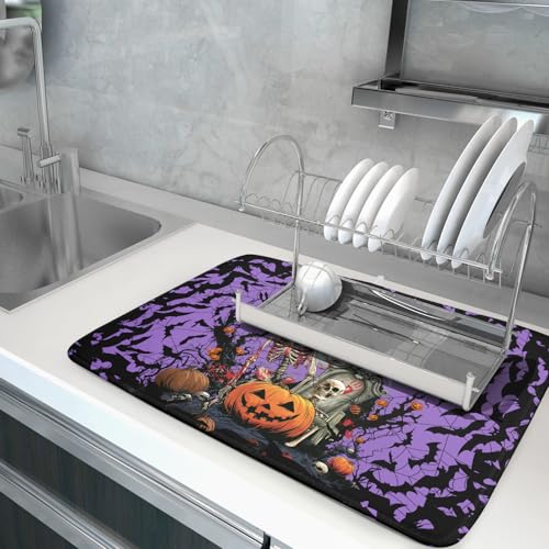 Halloween Pumpkin Dish Drying Mat 18x24 inch Spooky Ghost Bat Dish Rack Mats Microfiber Draining Pad Fast Dry Holiday Kitchen Accessories (Halloween Purple / 18x24 inch)