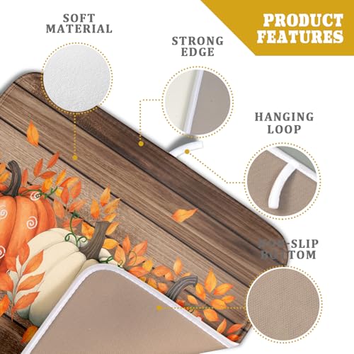 Autumn Pumpkin Dish Drying Mat Rustic Wood Dish Drainer Mats Fast Dry Microfiber Reversible Dish Drying Pad Kitchen Decoration 16x18 inch (Pumpkin Wood / 16 x 18 inch)