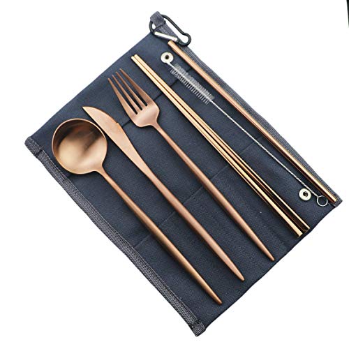 Reusable Travel Utensils (Blue Pouch / Rose Gold)