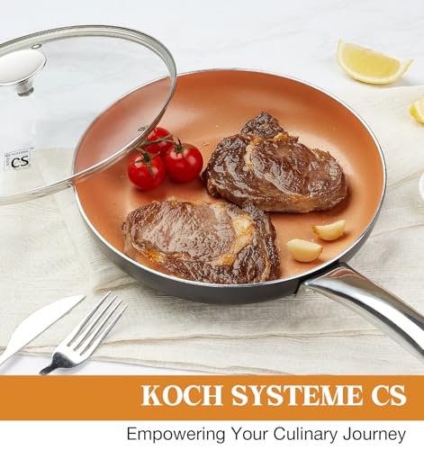 10in Copper Nonstick Frying Pans with Lids and Titanium Ceramic Interior (Copper-Silver / 10 Inch)