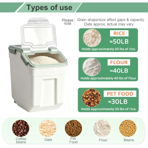50 lb Large Food Grade Container for Rice Flour Sugar (Green / 50lbs, 4-pack)