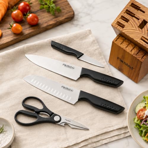 15 Piece Kitchen Knife Set with Block & Built (Natural Wood-Colored & Black)