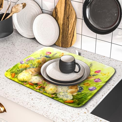 Easter Dish Drying Mat for Kitchen Counter Spring Bunny Microfiber Countertop Mat Small (Spring Bunny Green / 18" x 16")