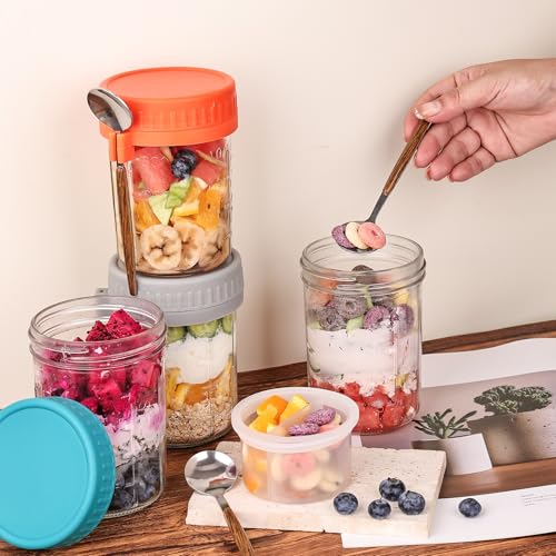 6 Pack Overnight Oats Containers with Lids and Spoons (6 Pack Oats Jar)