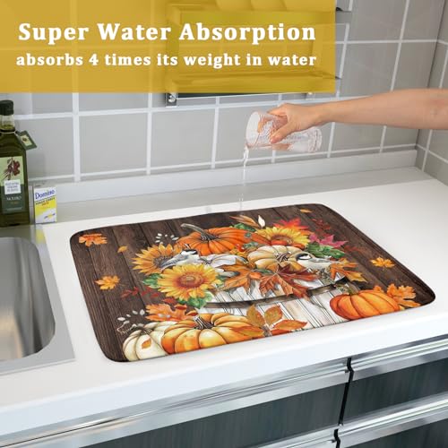 Fall Pumpkin Dish Drying Mat for Kitchen Counter Decor 18x24 Inch Halloween Thanksgiving Dish Drainer Mats Absorbent Reversible Dishes Pad (Pumpkin Bucket / 18" x 24")