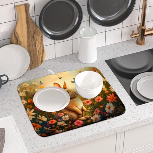Easter Bunny Dish Drying Mat Flower Butterfly Kitchen Drainer Mat 16x18 inch Absorbent Reversible Dish Rack Pad for Counter Tabletop Decor (Easter Bunny Flower / 16" x 18")
