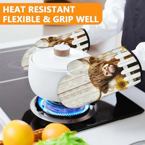 Sunflower Highland Cow Oven Mitts and Pot Holders Sets 4Pcs (Sunflower Highland Cow)