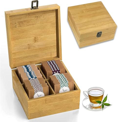 Bamboo Tea Organizer Box Chemical Free Big (4-Slot Square / Solid Bamboo)