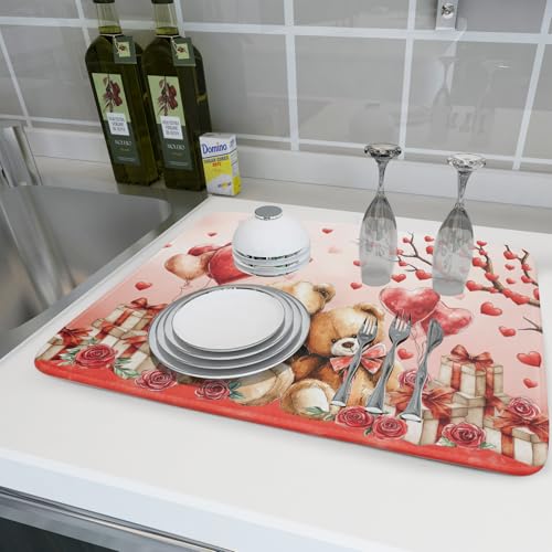 Holiday Microfiber Dish Drying Mat 18 X 24 in Valentines Day Bear Red Decorative Kitchen Countertop Mats (Red Bear Lover / 24" x 18")
