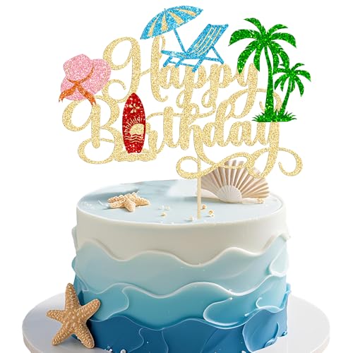 1Pcs Summer Beach Happy Birthday Cake Topper Glitter Ball Tree Umbrella Pool Cake Pick for Hawaiian Holiday Baby Shower Birthday Party Cake Decorations Supplies Gold