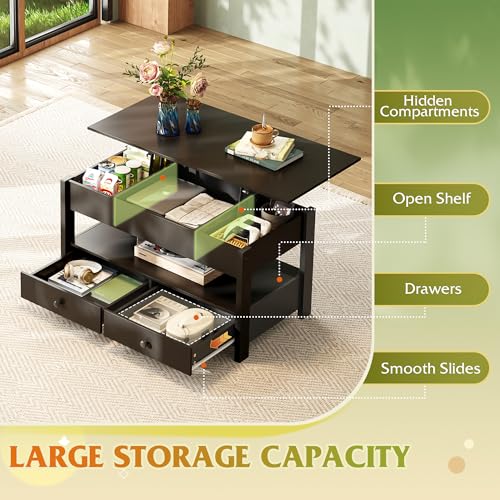 Lift Top Coffee Table with 2 Drawers (Rustic Black / 39" with Drawer)