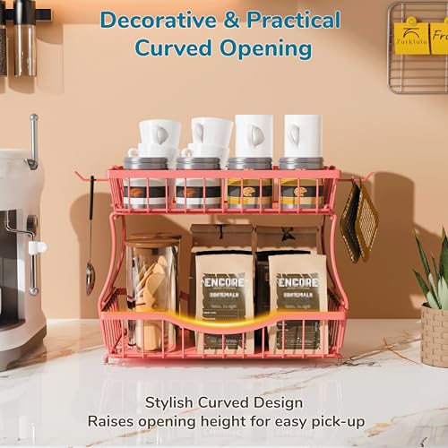 Large 2 Tier Fruit Basket for Kitchen Counter with 2 Banana Hangers (Pink)