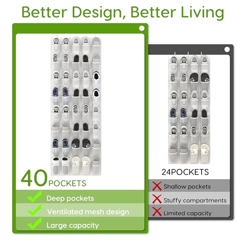 Over the Door Shoe Organizer with 40 Large Breathable Mesh Pockets (White / 80 Pockets)
