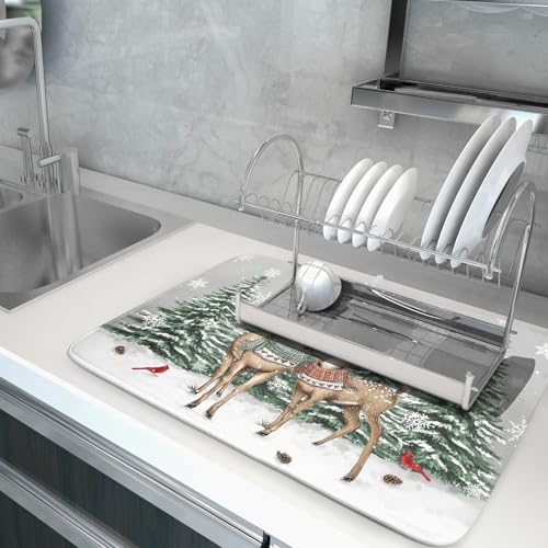 Winter Deer Dish Drying Mat Pine Tree Absorbent Dish Dry Pad Seasonal Microfiber Dish Drainer Mats for Kitchen Counter Coffee Bar 18x24 in (Deer Pine Tree / 18" x 18")