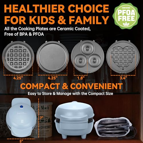 4 in 1 Mini Waffle Maker with Removable Plates (Blue)