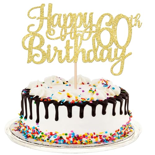 1 PCS Happy 60th Birthday Cake Topper Gold Glitter Cheers to 60 Years Birthday Cake Pick 60 Fabulous Cake Decoration for Happy 60th Birthday Anniversary Party Decorations Supplies (Gold / 60th)