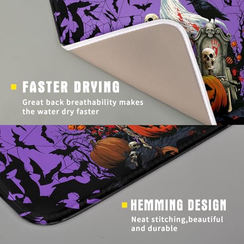 Halloween Pumpkin Dish Drying Mat 16x18 inch Spooky Ghost Bat Dish Rack Mats Microfiber Draining Pad Fast Dry Holiday Kitchen Accessories (Halloween Purple / 16x18 inch)