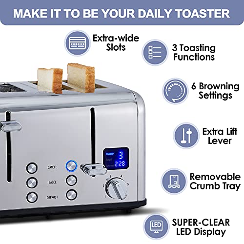 4 Slice Stainless Steel Toaster with Digital Display (Silver Stainless Steel / 4 Slice)