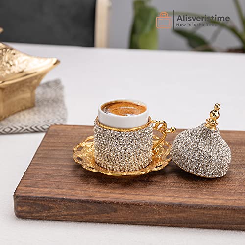 Lale Crystal Turkish Coffee Set with Tray (Gold)