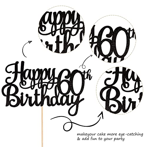 1 PCS Happy 60th Birthday Cake Topper Glitter Cheers to 60 Years Birthday Cake Pick 60 Fabulous Cake Decoration for Happy 60th Birthday Anniversary Party Decorations Supplies Black (Black / 60th)