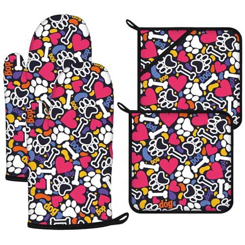 Paw Prints Oven Mitts and Bones Hearts Pot Holders Sets 4Pcs (Paw Prints)