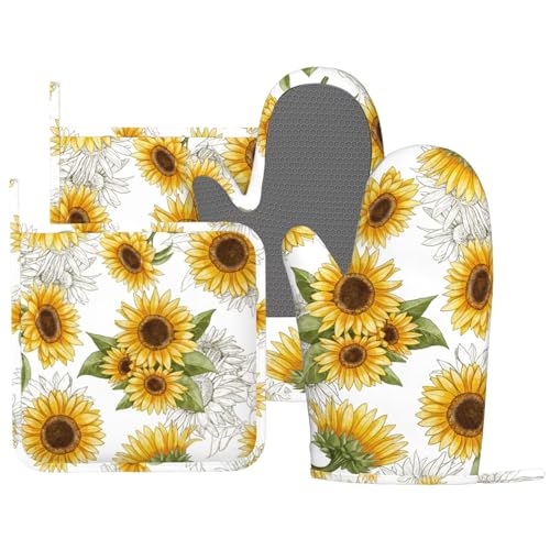 Yellow Sunflower Oven Mitts Pot Holders Set Silicone Heat Resistant Sunflowers Oven Mitts and Hot Pads Yellow Flowers Potholders Non (Yellow)