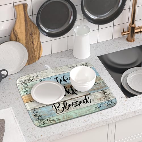 Rustic Wood Dish Drying Mat 16x18 Inch Grateful Thankful Blessed Kitchen Drainer Mats Absorbent Microfiber Rack Holder Countertop Pad (grateful thankful / 16" x 18")