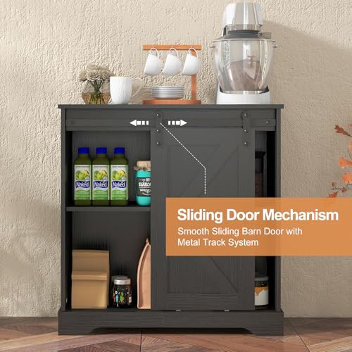 Sliding Barn Door Buffet Sideboard Storage Cabinet Coffee Bar Kitchen Farmhouse Style (Black)