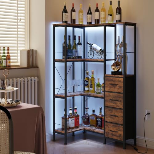 4 Tier Corner Bookshelf with LED Light Strips (Rustic Brown / 4 Tier)