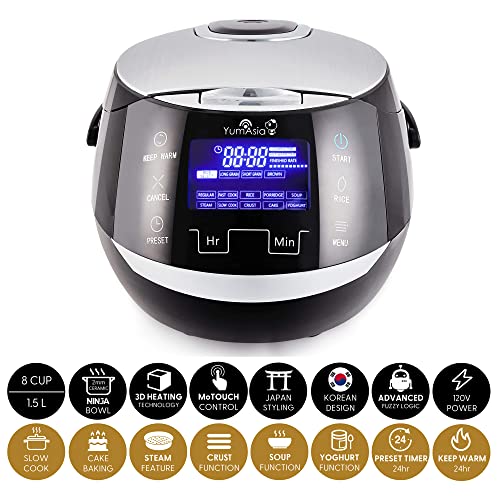 Sakura Rice Cooker with Ceramic Bowl and Advanced Fuzzy Logic (Black and Silver)