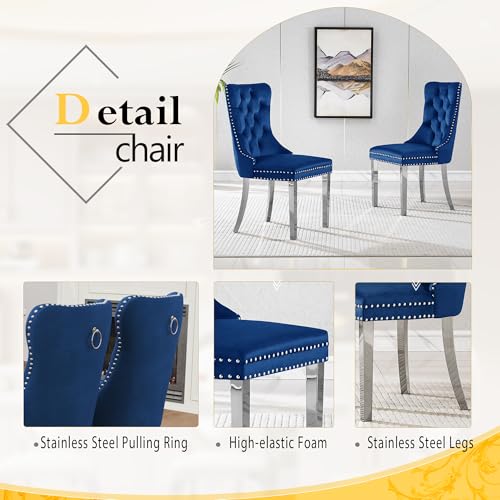 7 Piece Luxury Dining Room Set (Silver White + Blue / Dining Table + 6 Velvet Chair)