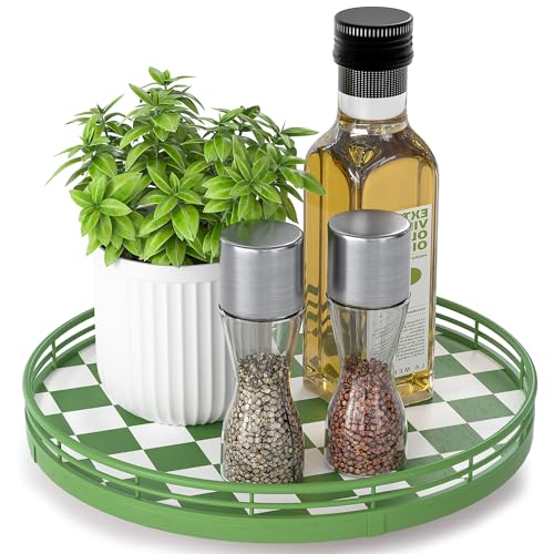 Green and White Checkerboard Lazy Susan with Rubberwood Base and Metal Rail (Green & White / 10 inches)