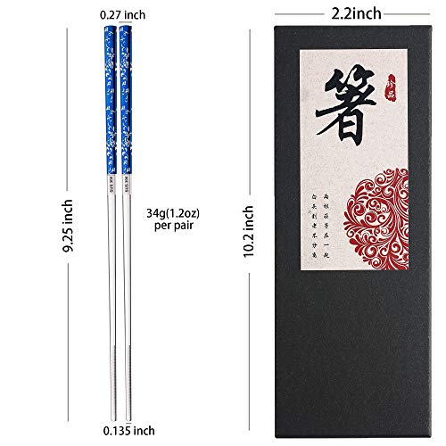 Titanium Plated Chopstick Stainless Steel Chopsticks Metal Chopsticks Reusable Dishwasher safe Premium Laser Engraved Chop Sticks for Eating 2 Pairs Gift Set Blue Silver (Blue silver)