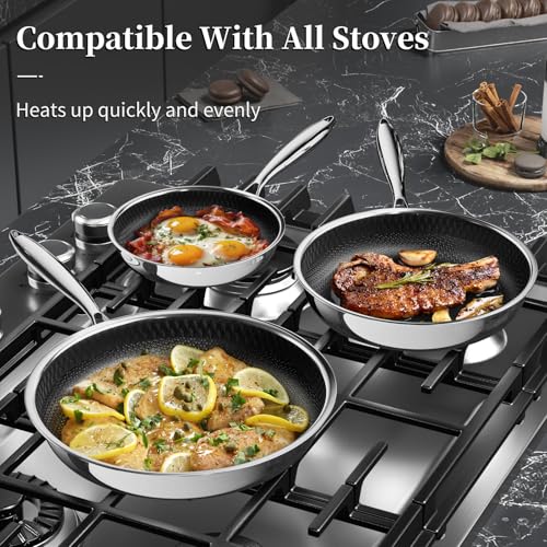 Nonstick Titanium Ceramics Stainless Steel Frying Pan Set (Titanium Ceramic Hybrid Stainless Steel / 8Inch+10Inch+12Inch)