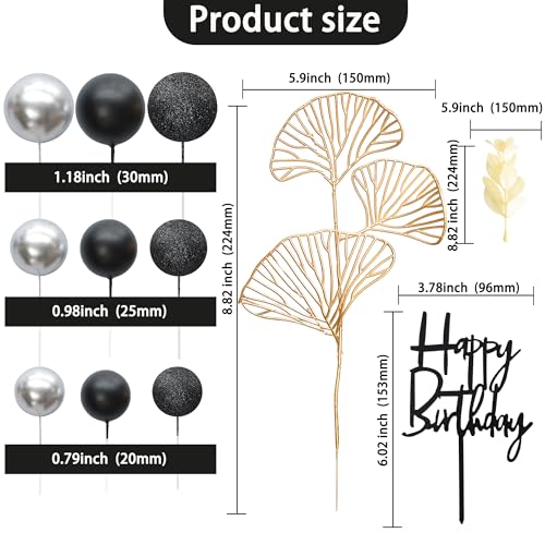 57Pcs Balls Cake Topper Boho Grass Cake topper Pearl Balls Acrylic Happy Birthday Cake Decorations for Wedding Baby Shower Birthday Boho Themed Party Supplies Black Silver (Black Silver)