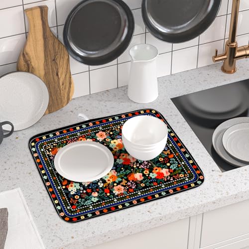 Black Flowers Dish Drying Pad Boho Floral Washable Microfiber Kitchen Mat for Home Decor (Boho Floral Black / 18" x 16")