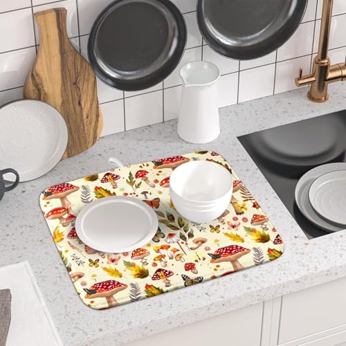 Forest Mushroom Dish Drying Mats Wild Plant Butterfly Kitchen Sink Rack Mats 16 X 18 Inch (Wild Plant - Multi / 18" x 16")