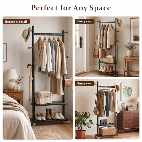 Coat Rack Freestanding Solid Wood Clothes Rack with Wheels
