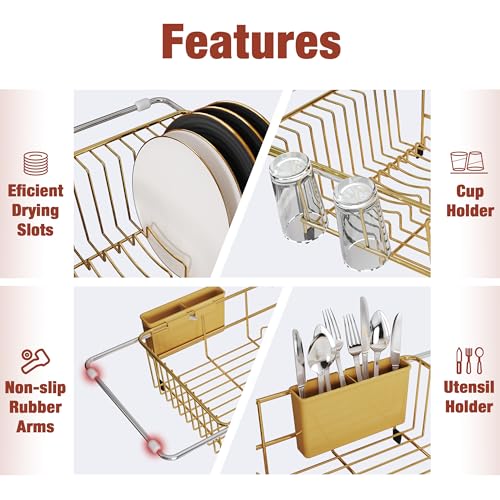 Gold Dish Drying Rack in Sink with Drainboard and Utensil Holder (Gold / For 12"-30"w Sink, with Drainboard)