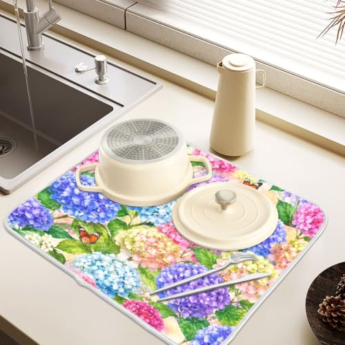 Hydrangea Flowers with Butterfly Dish Drying Mat for Kitchen Counter Absorbent Microfiber Large Drying Pad Dish mats for Kitchen Countertops 18 x 24 Inch (Spring Hydrangea Flowers / 24" x 18")