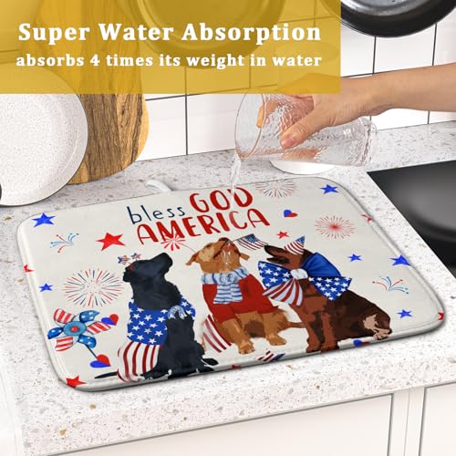 4th of July Patriotic Dogs Dish Drying Mat American Independence Day Dish Dry Pad 16"x18" Absorbent Dishes Drainer Mat for Kitchen Counter (Patriotic Dogs / 16" x 18")