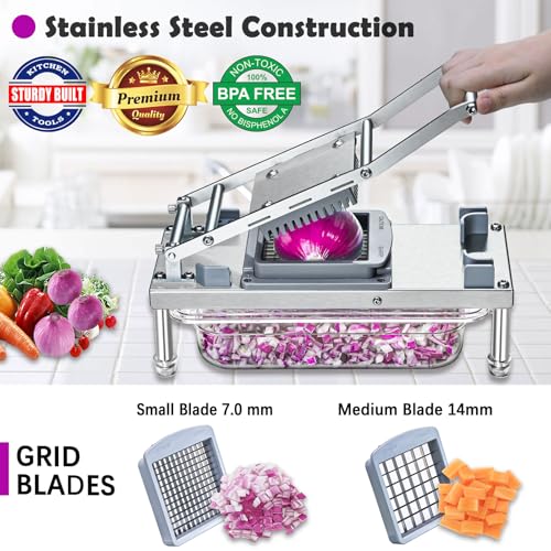 All-in-1 Vegetable Chopper with 8 Blades - Mandoline Slicer-Pro Food Chopper with Container - Veggie Salad Onion Chopper - Potato Dicer French Fry Cutter - Cheese Grater - Stainless Steel material (8 Blade)