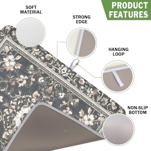 Boho Floral Dish Drying Mat Grey Leaves Dishes Drainer Pad 16x18 Inch Microfiber Absorbent Kitchen Dry Rack Mat for Counter Tableware Decor (Grey Boho Floral / 16x18 inch)