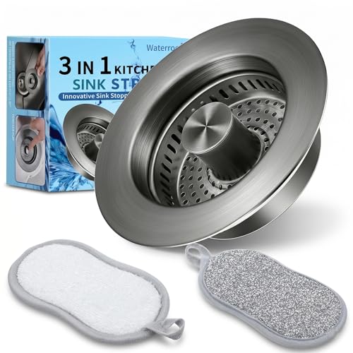 3-in-1 Kitchen Sink Drain Strainer and All-Purpose Scrub Sponges, Sink Stopper Pop-Up Drain Plug with Anti-Clogging Food Catcher Basket, Fits US Standard 3-1/2 Inch Sinks,Sponge Cleaning Dish (2 Grey Strainer+4 Kitchen Sponges)