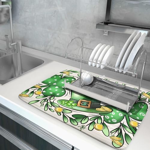 St Patrick's Day Shamrock Dish Drying Mat 18x24 inch Eucalyptus Leaves Dishes Pad Dish Drainer Mats Absorbent Fast Dry Kitchen Accessories (Shamrock Leaves / 18" x 24")