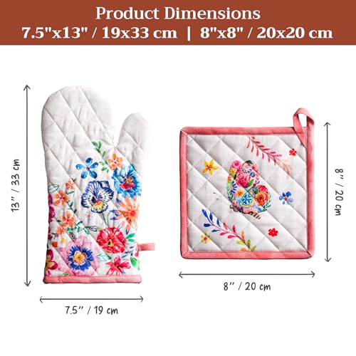 100% Cotton Oven Mitt & Pot Holder Set (052 - Happy Florals - High Summer / 7.5" x 13" & 8" x 8" (Oven Mitt & Pot Holder))